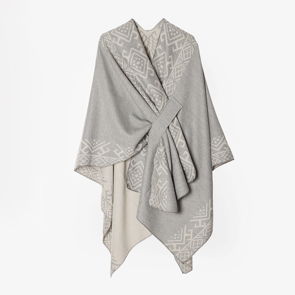 Damen Capeponcho mit Knotenverschluss, doppellagigem Jacquard und weichem Wollmix Drune