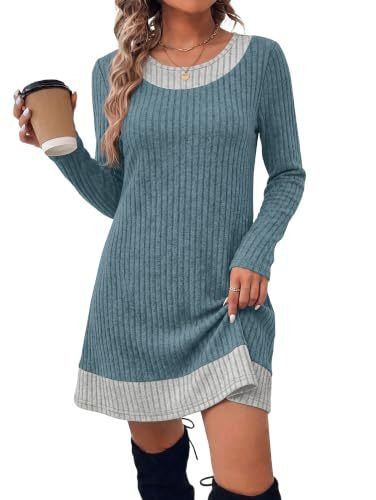 Damen Gerippte Longshirt‑Kleid mit Karierter Saum‑ und Ausschnittblende Drune