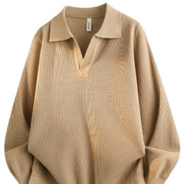 Unisex Oversized Feinstrick-Polo-Pullover mit offenem V‑Ausschnitt und lässiger Silhouette Drune
