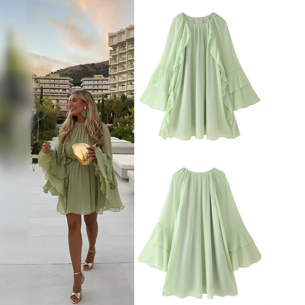 Damen nan fließendes Chiffon‑Midikleid mit Volantbesatz, weitem Glockenärmel und gerafftem Rundhalsausschnitt Drune