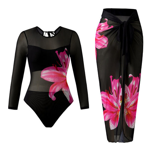 Damen Eleganter Badeanzug mit langem Arm und transparente Wickelrock Drune
