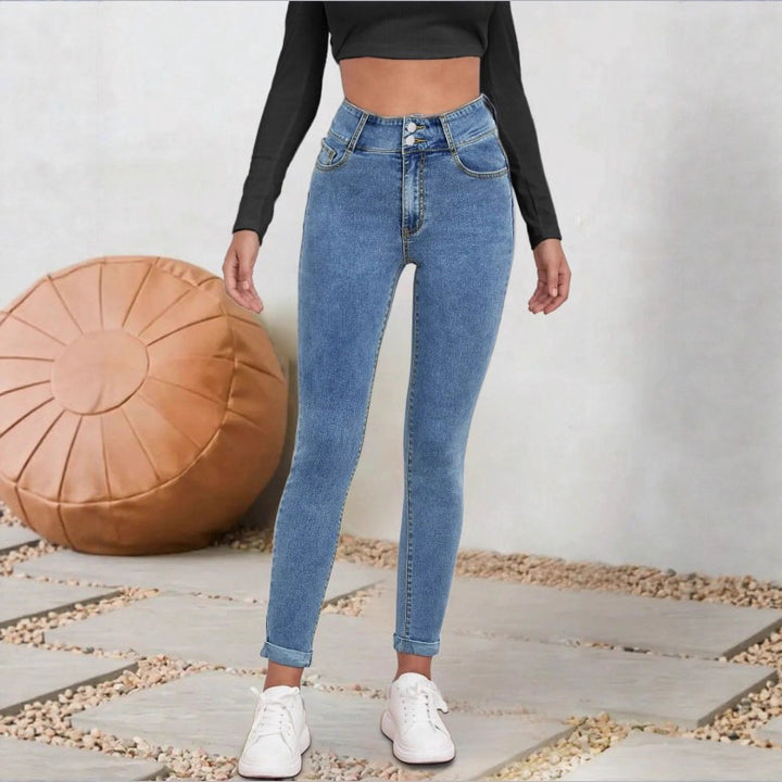 Damen Hochgeschnittene Sculpting-Skinny-Jeans mit Doppelknopf und Umschlag-Detail Drune