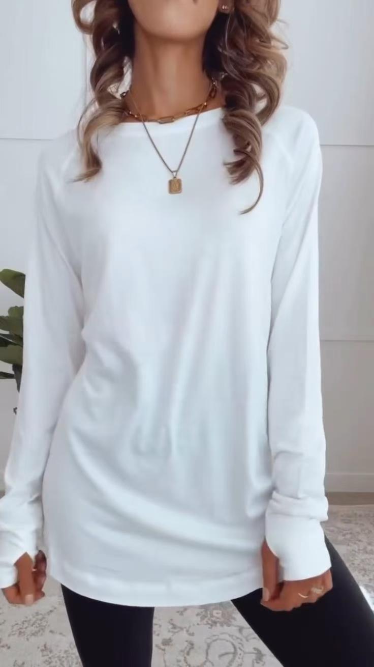 Damen nan verlängertes Langarmshirt-Tunika mit Rundhalsausschnitt und Daumenlochärmeln Drune