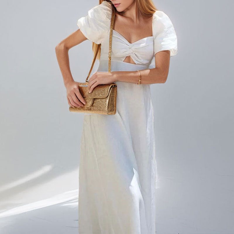 Damen Maxikleid mit raffiniertem Schlüssel-Design und voluminösen Puffärmeln Drune