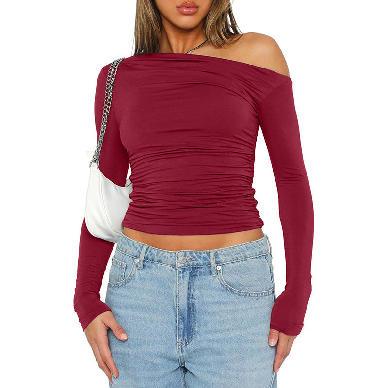 Damen figurbetontes Langarmshirt mit asymmetrischem Ausschnitt und Raffungen Drune