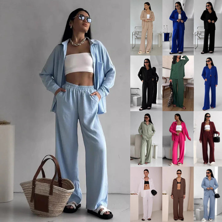 Damen Zweiteiliges Lounge-Set Oversize-Bluse mit Brusttasche und weiter Palazzo-Hose Drune