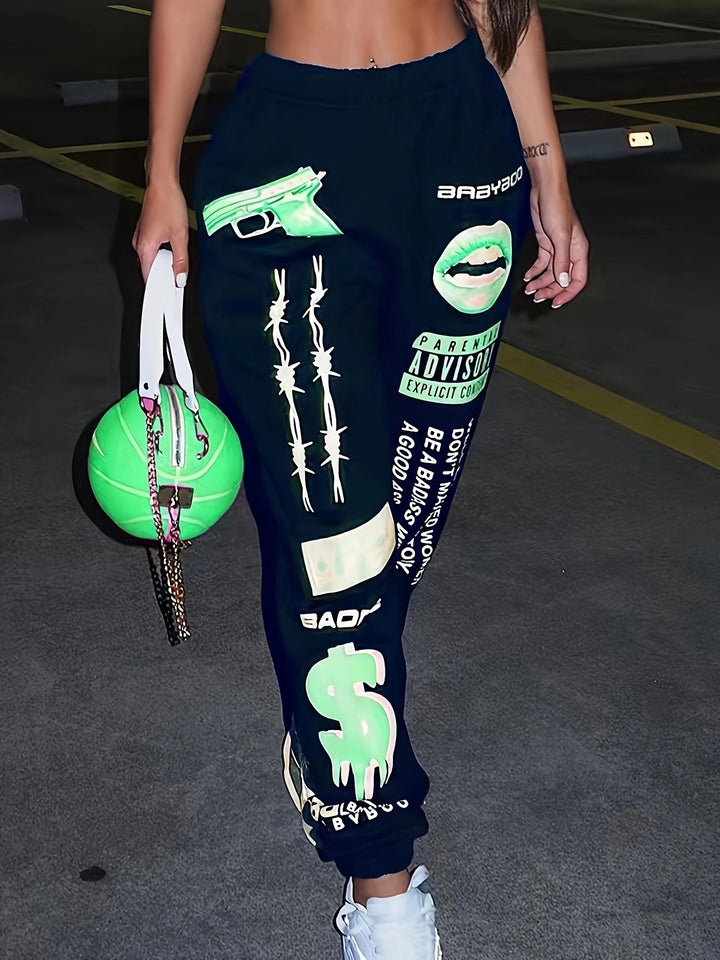 Damen lässige Sporthose mit auffälligen Schriftzügen und Grafikdesign Drune