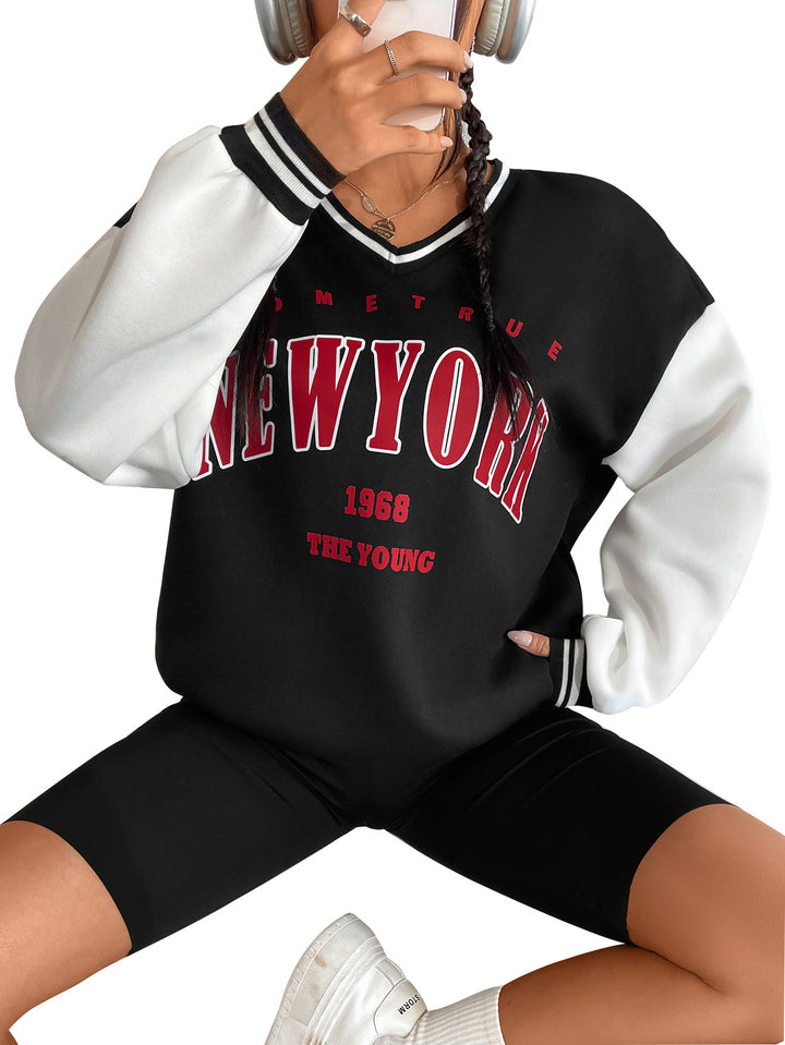 Damen lässiges Sweatshirt mit V-Ausschnitt und sportlichem Schriftzug Drune