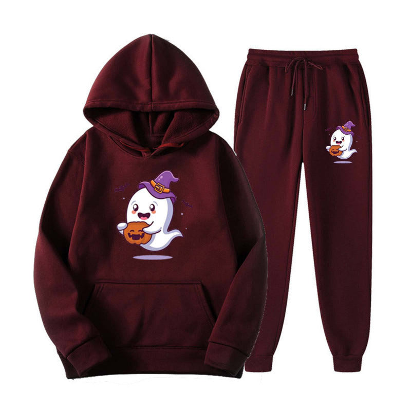 Unisex nan kuscheliger Kapuzenpullover und Jogginghose Set mit Halloween-Geistprint Drune