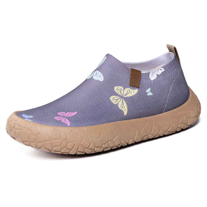Damen nan atmungsaktiver Strick-Slipper mit Aquarell-Schmetterlingsprint und griffiger Outdoorsohle Drune