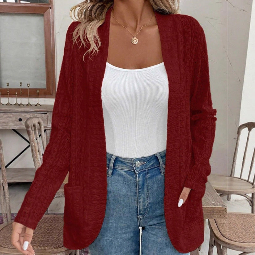 Damen Offener Strukturierter Strickcardigan mit Eingrifftaschen Drune