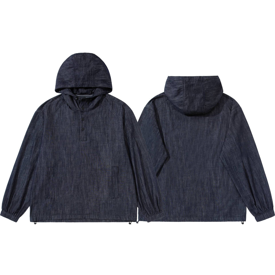 Herren leichter Denim-Anorak mit Kapuze und halber Knopfleiste Drune