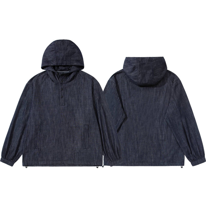 Herren leichter Denim-Anorak mit Kapuze und halber Knopfleiste Drune
