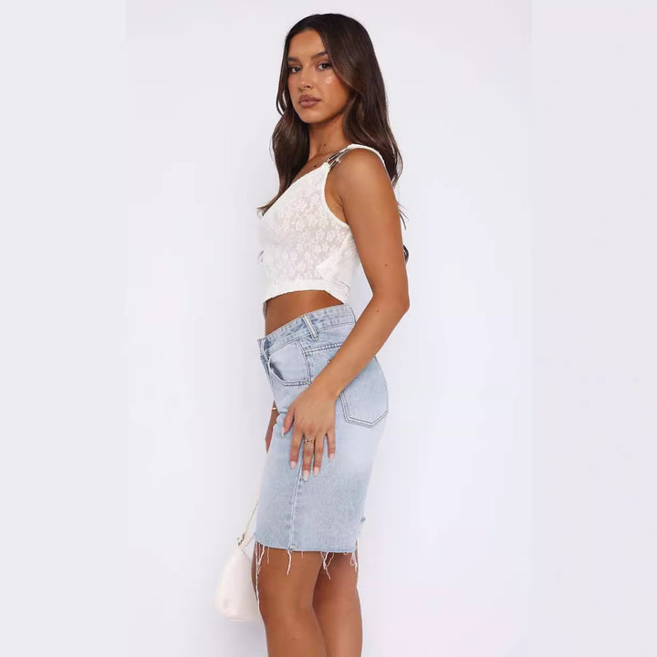 Damen asymmetrisches Spitzenoberteil mit funkelndem Ringdetail Drune