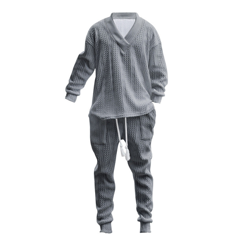 Herren nan komfortables Kabelstrick-Set mit tiefem V-Ausschnitt, Kordelzug-Jogger und Bündchen Drune