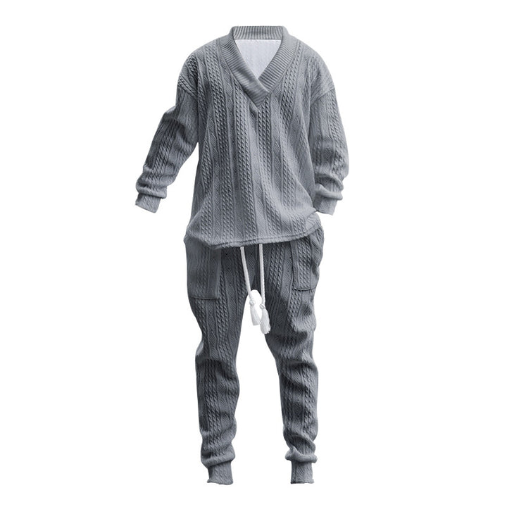 Herren nan komfortables Kabelstrick-Set mit tiefem V-Ausschnitt, Kordelzug-Jogger und Bündchen Drune
