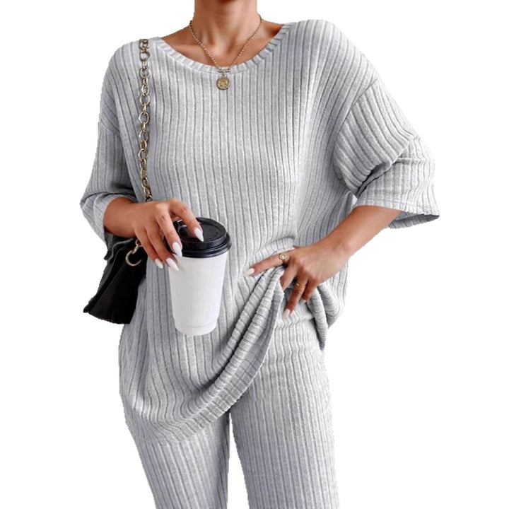 Damen Lässiges Rippstrick-Lounge-Set mit Oversize-Kurzarmoberteil und High-Waist-Biker-Shorts Drune