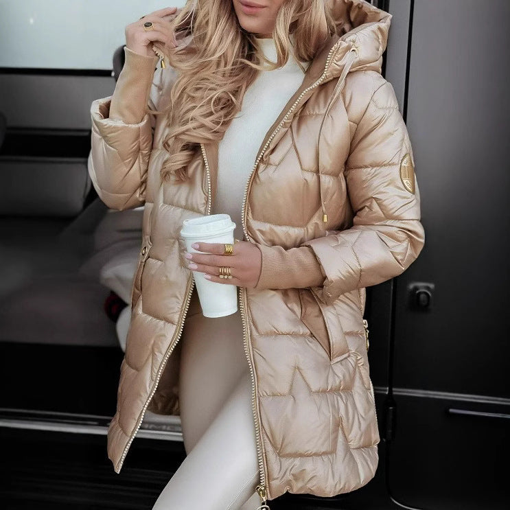 Damen Lange Steppjacke mit Kapuze und praktischen Taschen Drune