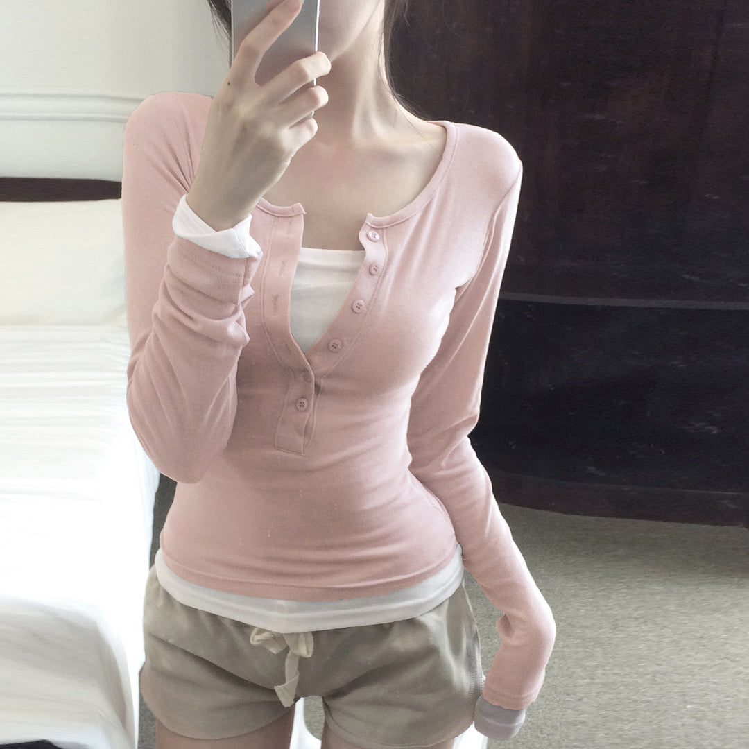 Damen nan tailliertes Henley-Crop-Longsleeve mit kontrastierenden Saum- und Ärmelbündchen Drune