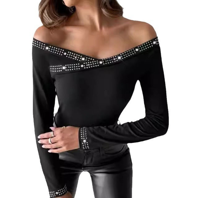 Damen Elegantes Off-Shoulder Oberteil mit Strass-Details Drune