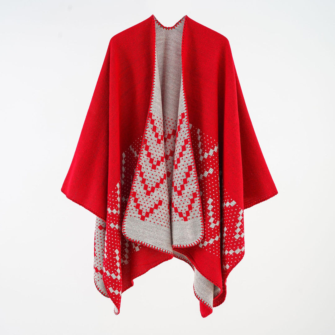 Damen Wendbarer Strickponcho mit Jacquardmuster und Zierkettelnaht Drune
