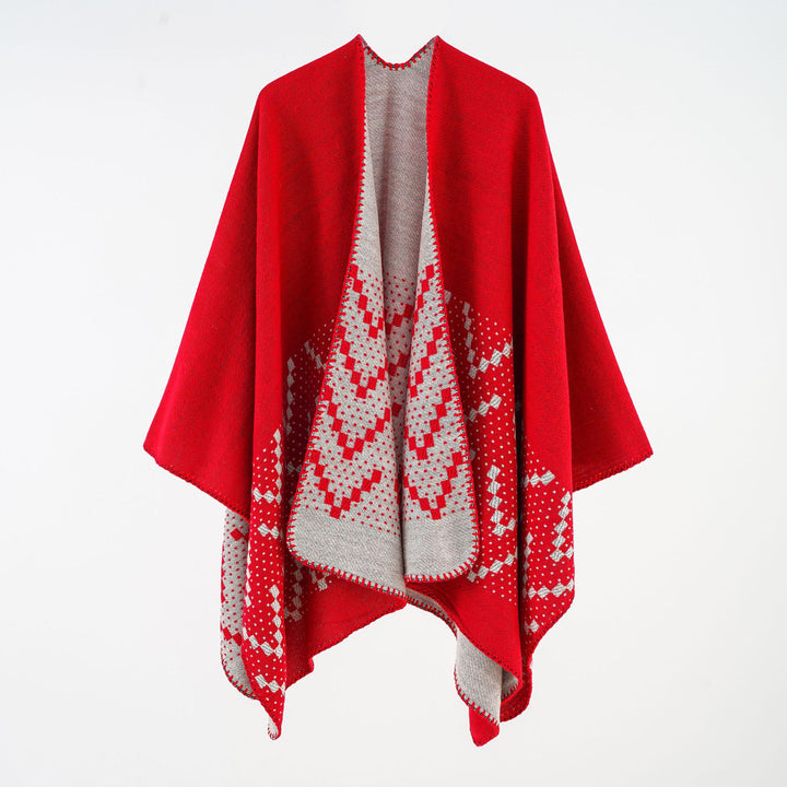 Damen Wendbarer Strickponcho mit Jacquardmuster und Zierkettelnaht Drune