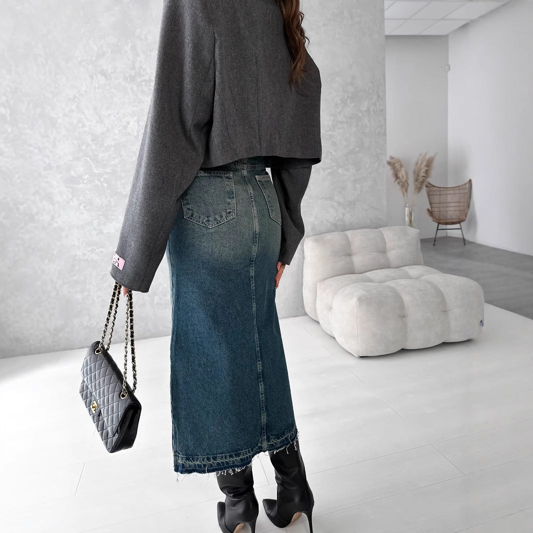 Damen Jeansrock mit hohem Schlitz im modernen Used-Look Drune