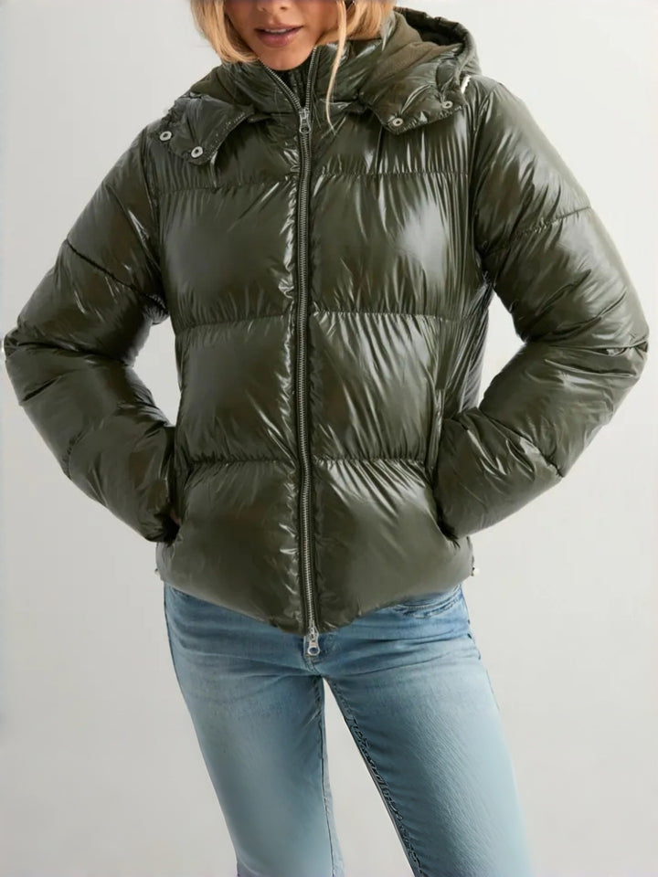 Damen Trendige Hochglanz Daunenjacke mit Kapuze