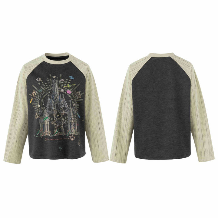 Damen Raglan‑Sweatshirt mit grafischem Kathedralprint und strukturierten Ärmeln Drune