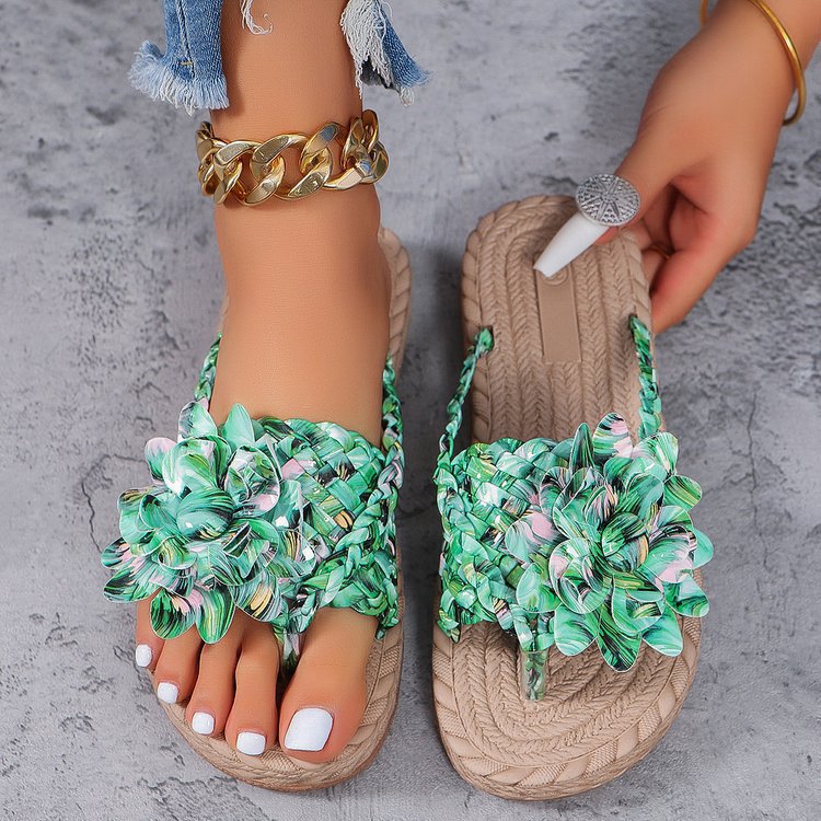 Damen Geflochtene Zehentrenner‑Sandalen mit XXL‑Blütenapplikation und gepolstertem Komfortfußbett Drune