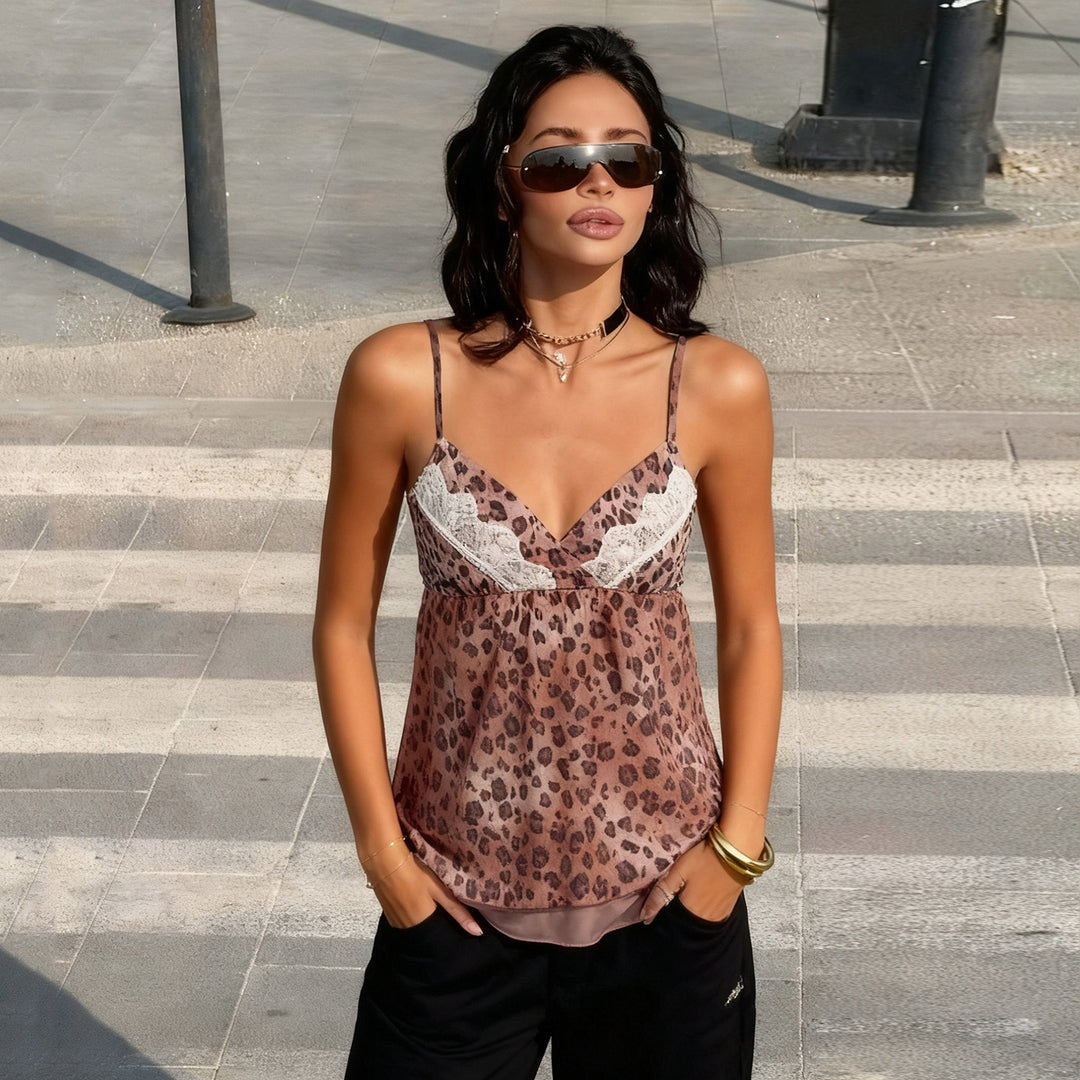 Damen sexy Spaghettiträger Camisole mit Spitzenelementen im Leopardenmuster Drune
