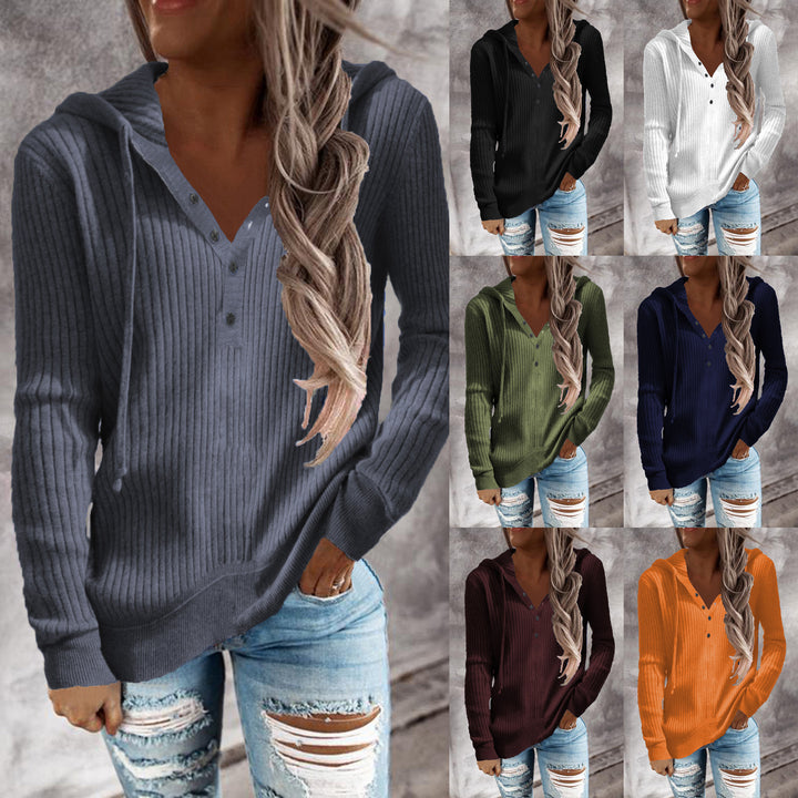 Damen Lässiger gerippter Hoodie-Pullover mit Henley-Knopfleiste und Tunnelzug Drune