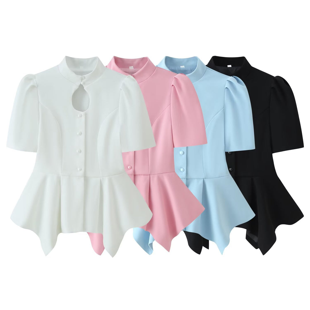Damen Taillierte Bluse mit Stehkragen, Cut-Out-Ausschnitt und asymmetrischem Schößchen Drune
