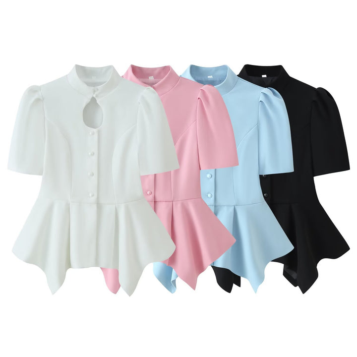 Damen Taillierte Bluse mit Stehkragen, Cut-Out-Ausschnitt und asymmetrischem Schößchen Drune