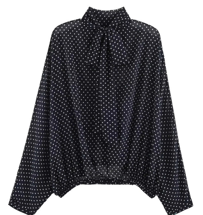 Damen 100+ oversized Pünktchenbluse mit Fledermausärmeln, Stehkragen und elastischem Saum Drune