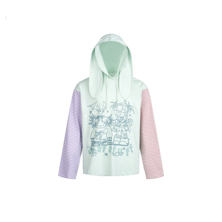 Damen Hoodie mit Kapuze und Hasenohren, gestreiften Ärmeln und Manga‑Print Drune