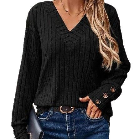 Damen Strickpullover mit V-Ausschnitt und dekorativen Knopfdetails Drune