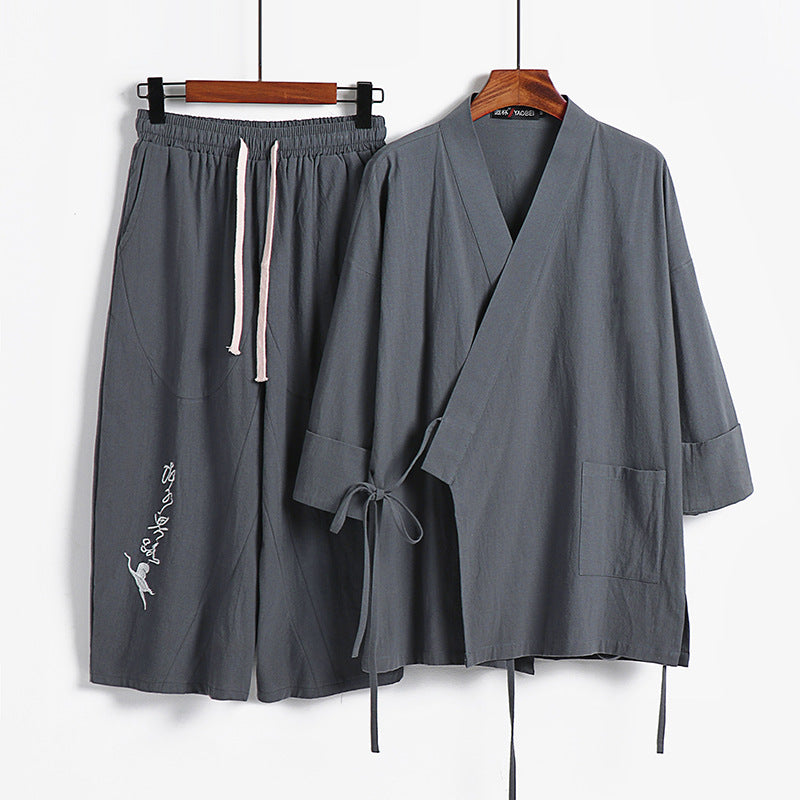 Unisex Leichtes Kimono-Loungewear-Set aus Baumwoll-Leinen mit bestickter Haremshose und Bindegürtel Drune