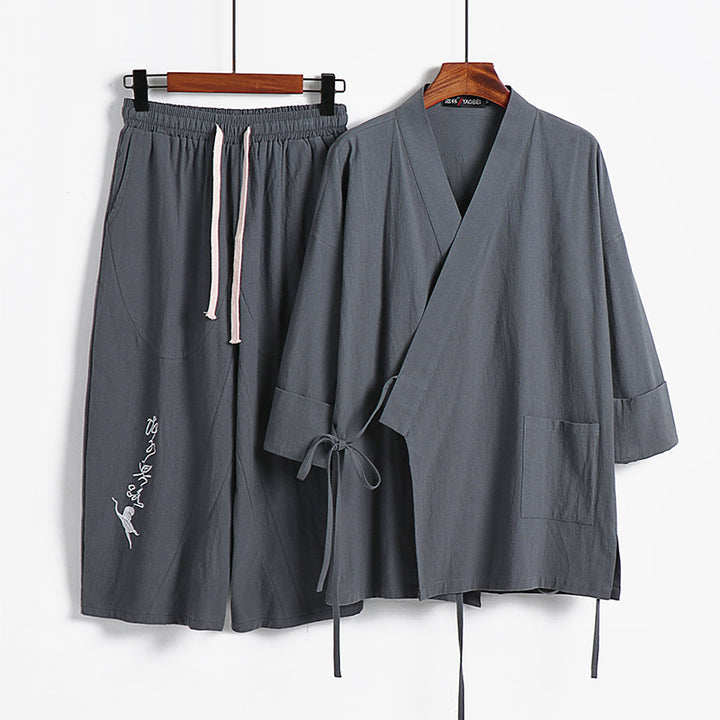 Unisex Leichtes Kimono-Loungewear-Set aus Baumwoll-Leinen mit bestickter Haremshose und Bindegürtel Drune
