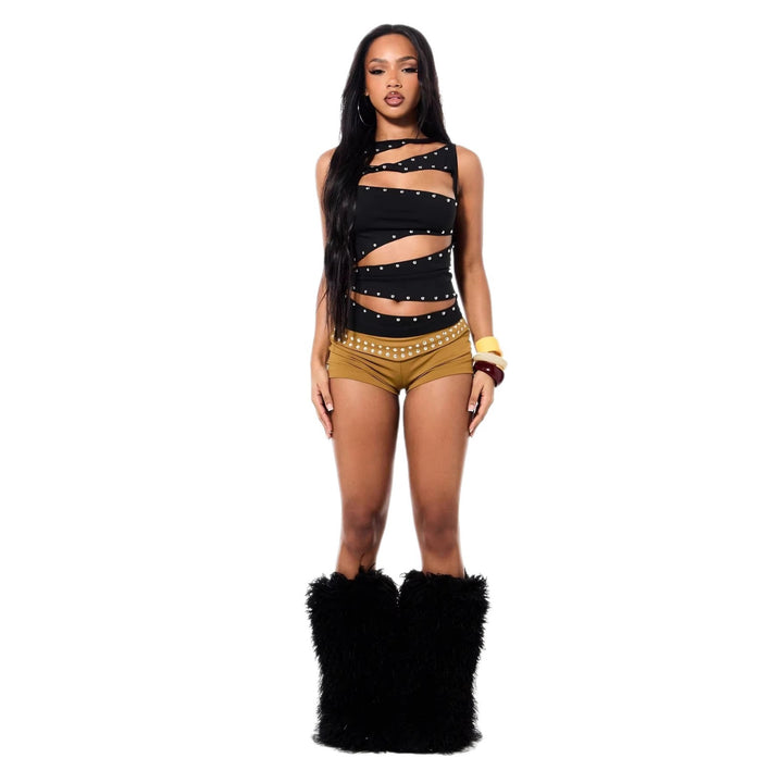 Damen Modisches Cut-Out Top mit Dekorativen Ösen Drune