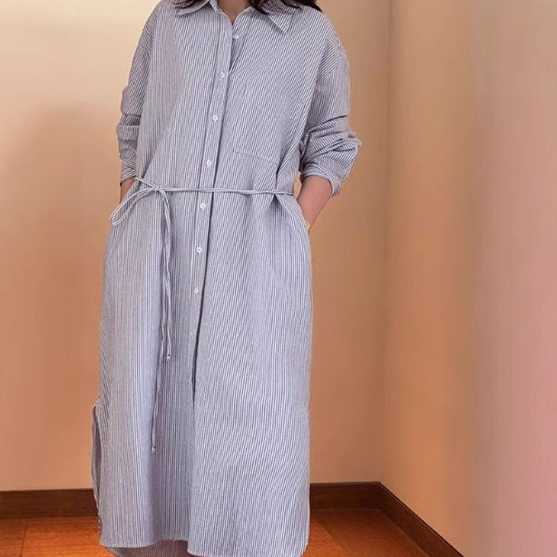 Damen Langes Hemdblusenkleid aus Popeline mit feiner Streifenstruktur, Kordel‑Taille und Seitenschlitzen Drune