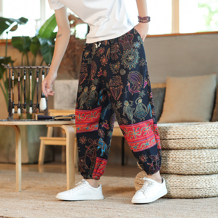 Herren Weite Haremshose im Boho-Print mit elastischem Tunnelzug und gekräuseltem Knöchelbund Drune