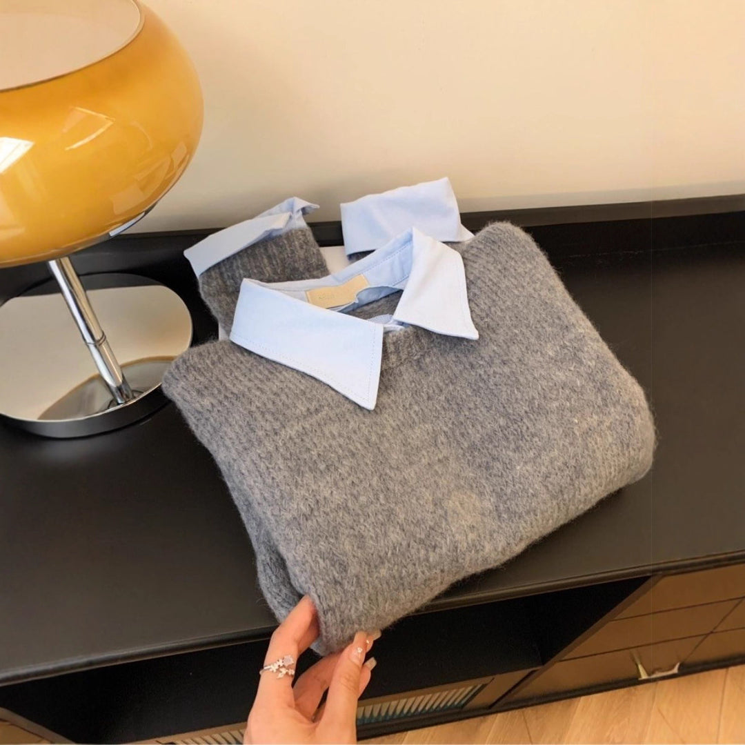 Damen stilvoller Pullover mit integrierter Hemdkragen-Kombination Drune