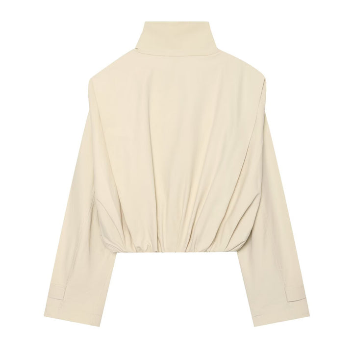 Damen Cropped Doppelreihiger Trench‑Blouson mit hohem Stehkragen, Schulterklappen und elastischem Saum Drune