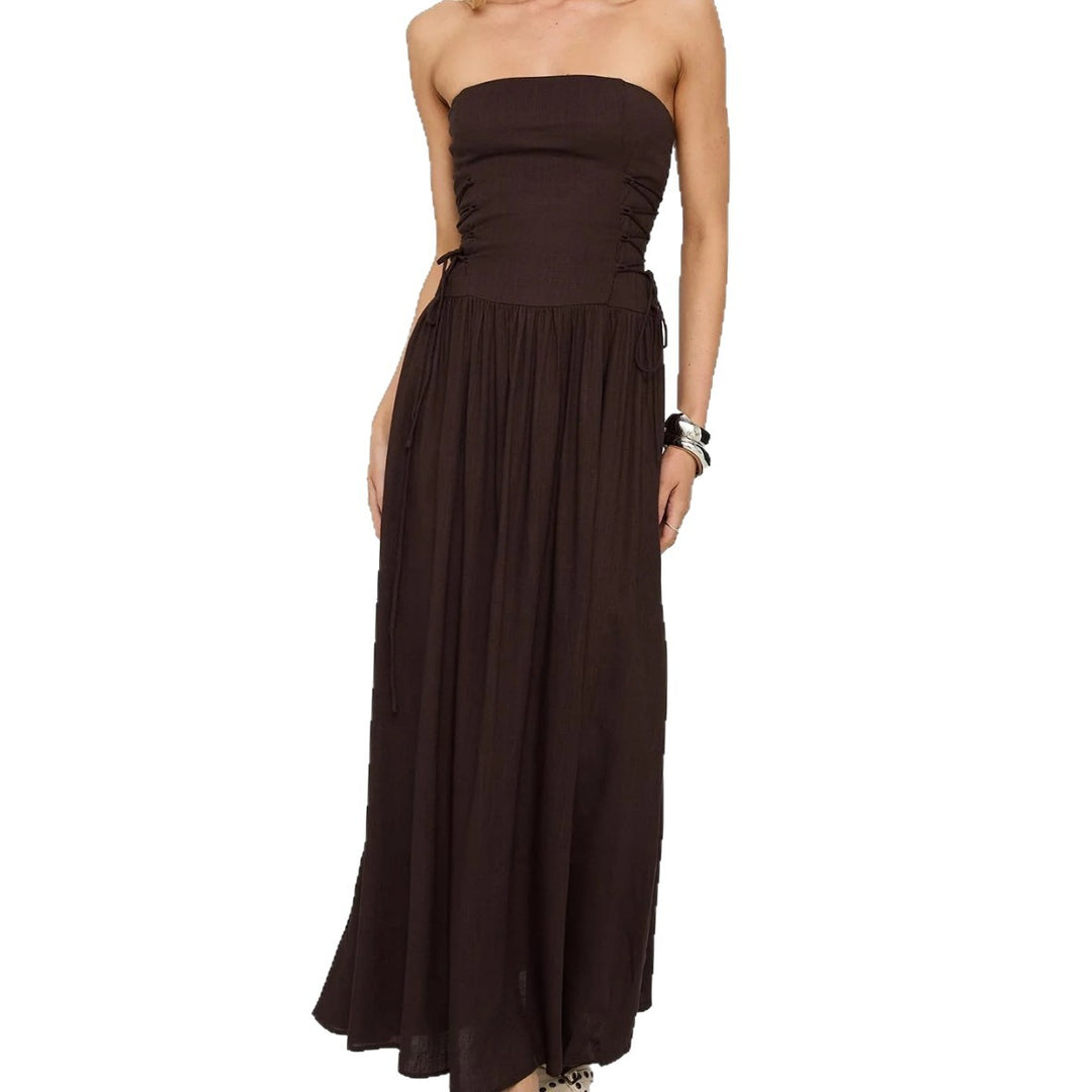 Damen Maxi-Kleid mit schulterfreiem Design und seitlichen Rüschendetails Drune