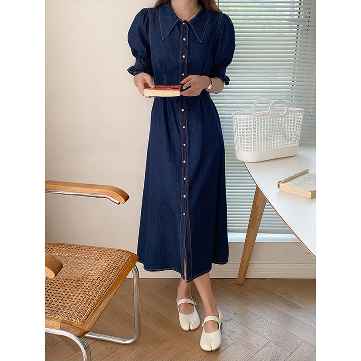 Damen Denim-Midikleid mit voluminösen Ärmeln und Knopfdetails Drune