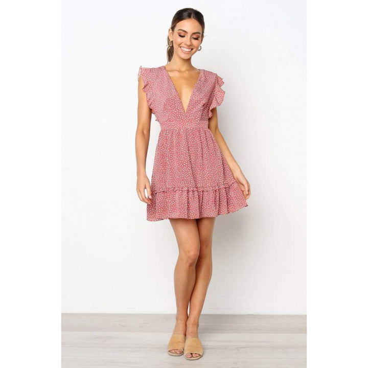 Damen Sommerliches Minikleid mit voluminösen Rüschendetails und tiefem V-Ausschnitt Drune