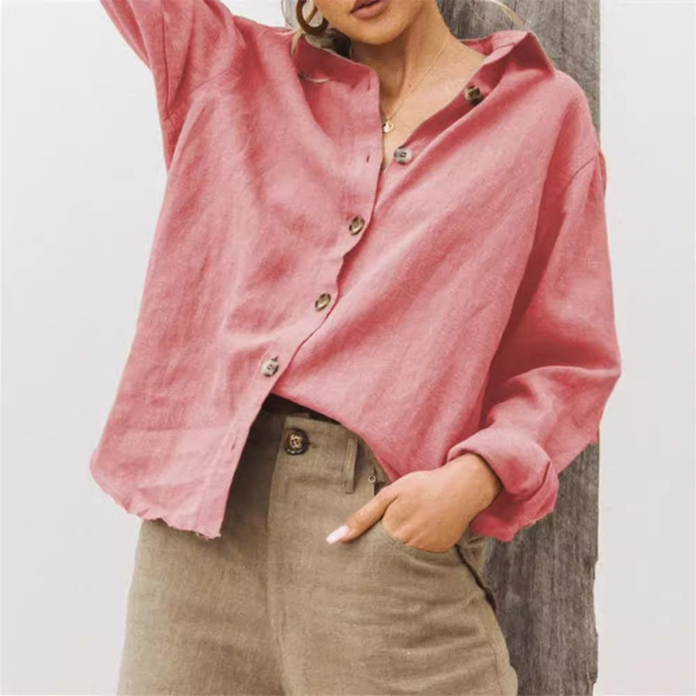 Damen lässige Leinenbluse mit Knopfleiste und weitem Schnitt Drune