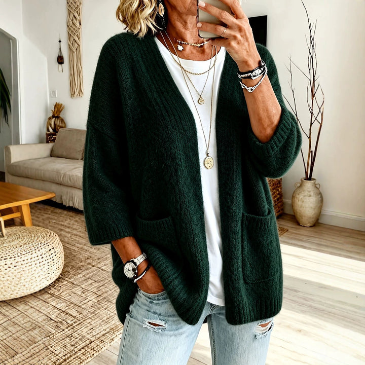 Damen Offener Longcardigan im Mohair-Look mit aufgesetzten Taschen und überschnittener Schulter Drune