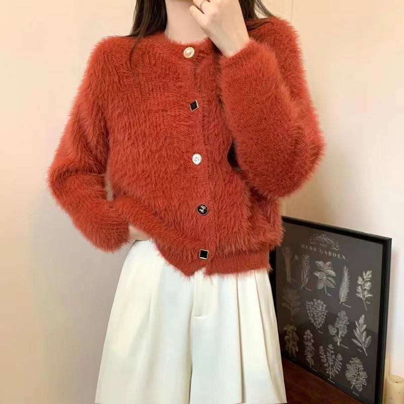Damen kuschelige Strickjacke mit Knöpfen und weichem Fellstruktur Drune